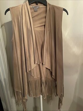 new directions Beige Fringe Open-Front Vest